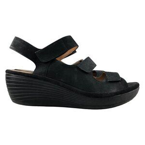 Clarks Women's Size 9.5M Reely Juno Black Leather 3 Strap Wedge Heel Sandals